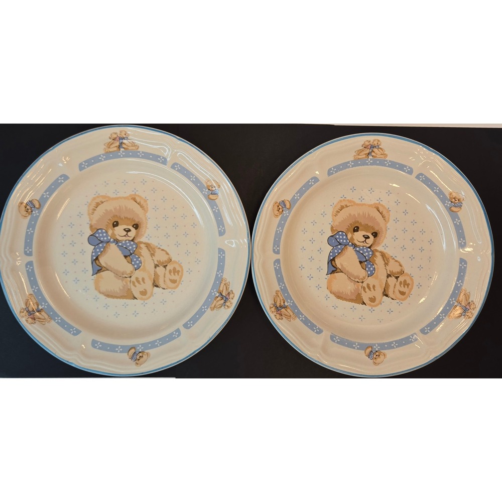 Vintage‎ Tienshan Stoneware Teddy Bear Salad Plates Set of 2 Blue Polka Dot 7.5"